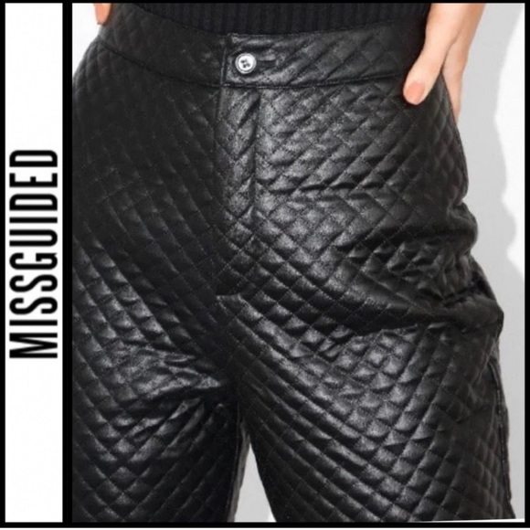 EUC Missguided Black Quilted Faux Leather Pants Size 2 Button/Zip closure - Picture 1 of 6